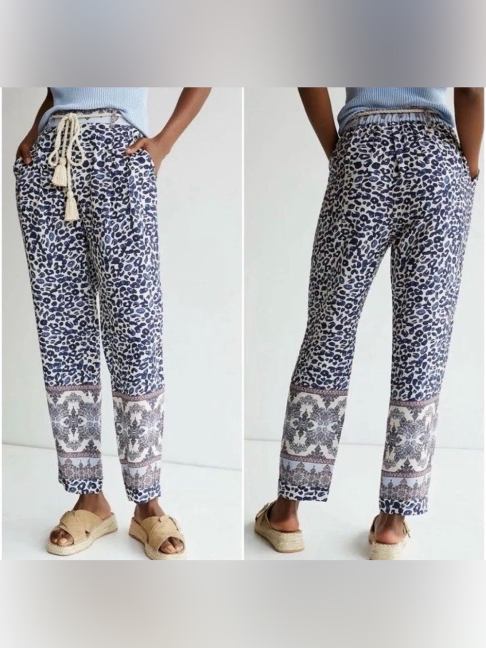 Anthropologie Ollari Tasseled Tapered Trouser Pants In A Blue Multi-Leopard Sz M